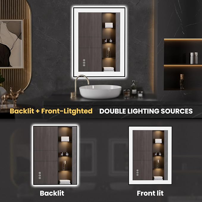LOAAO 24"X32" LED Bathroom Mirror Black Framed | Anti-Fog, Dimmable, Memory Function, Tempered Glass, Lighted Vanity Mirror for Wall