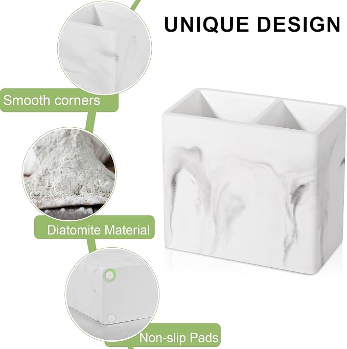 Diatomite Toothbrush Holder Toothpaste Organizer, Marble White | Quick Drying, Non-Slip, 2 Slots Kids Electric Tooth Brush Holder for Bathroom, for Countertop, Shower, Vanity