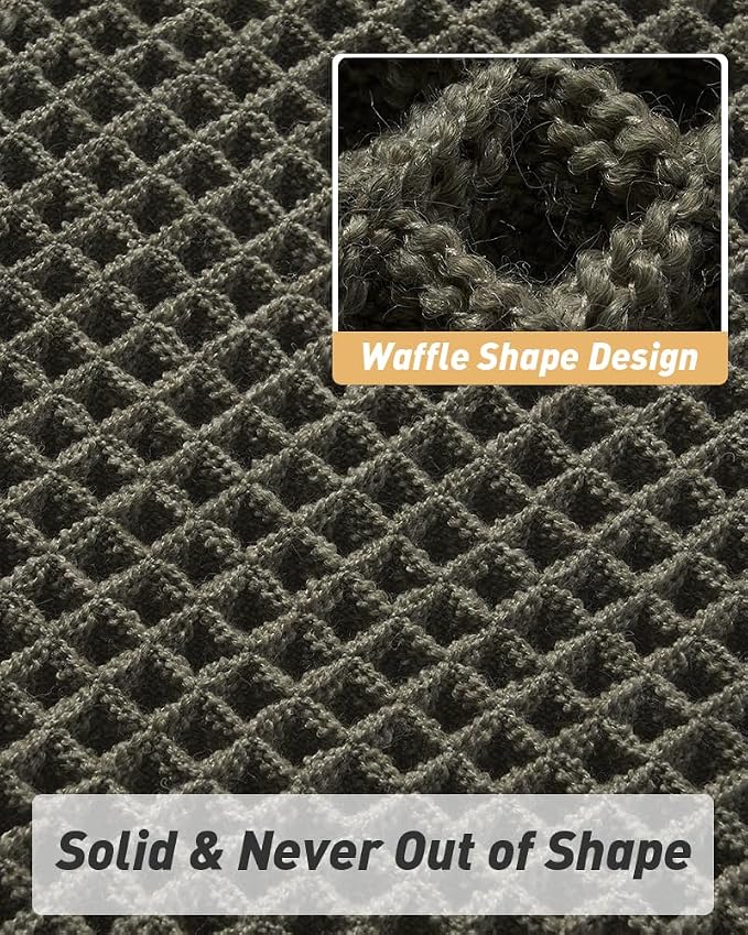 Upgraded Waffle Bath Mat Set of 2, Super Absorbent Non Slip Bath Mats for Bathroom Floor, Washable Boho Bathroom Rugs Set 2 Pieces with Tassels, Soft Bathroom Mat Set, Green, 18" x 30" Plus 24" x 48"