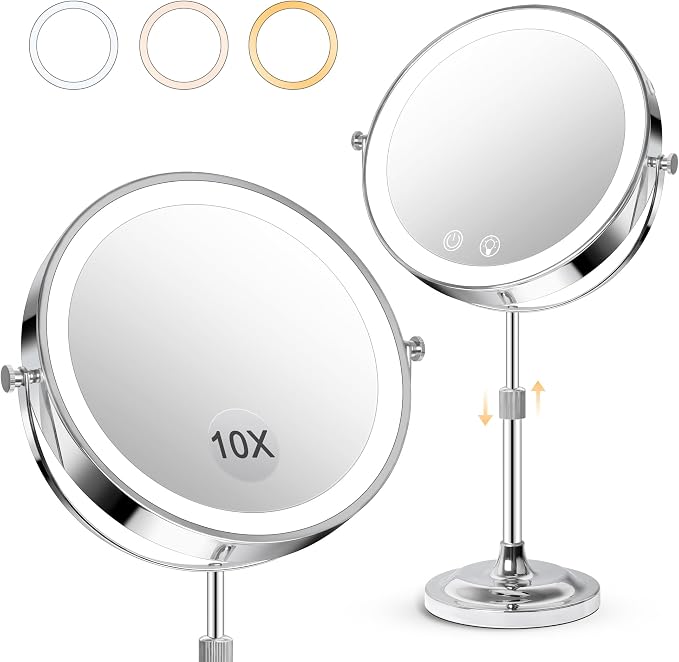 8" Makeup Mirror with Lights,4000mAh Rechargeable Vanity Mirror,1X/10X Double Sided Magnifying Mirror with Adjustable Height, 3 Colors Stepless Dimming Lighted Makeup Mirror,Women Gift