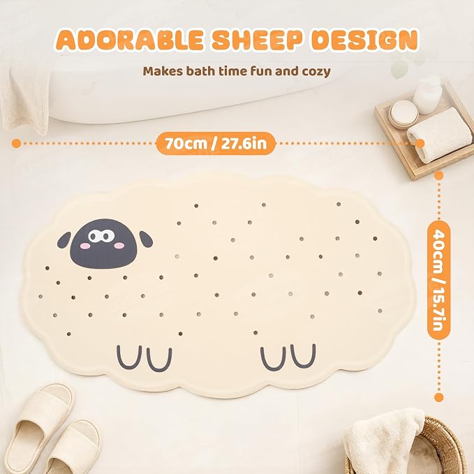 UNEEDE Non Slip Bathtub Mat for Kids | Natural Rubber Toddler Bath Mat with 113 Suction Cups and 46 Drainage Holes, Machine Washable Bath Essential, 27.5x15.7 Beige