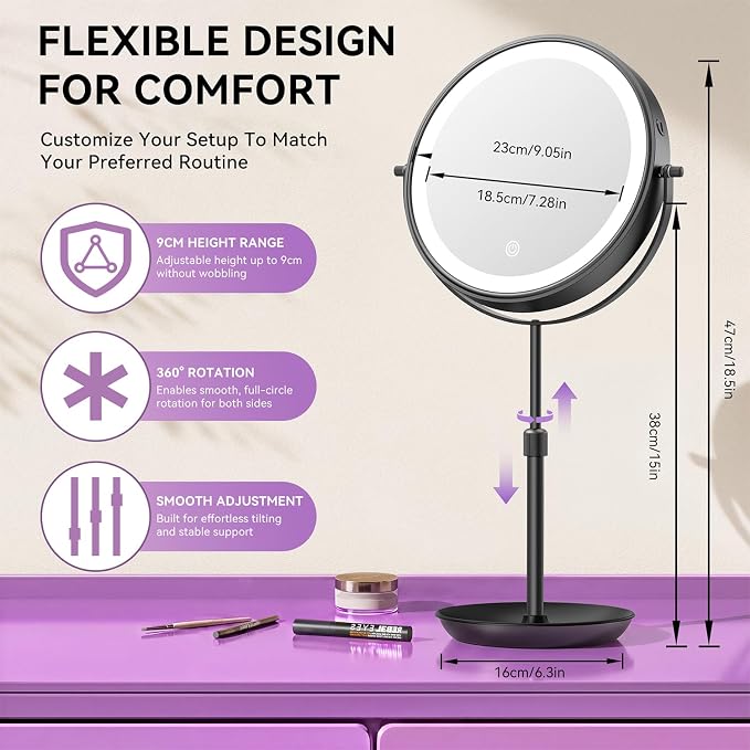 Auxmir 9" 1X/30X Lighted Makeup Mirror, Rechargeable Maginfying Mirror | 3 dimmable colors, 14.9-18.5 in adjustable height, 3000mAh, 360°rotation, stable storage base, 30X magnification, Black
