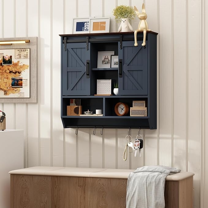 RUSTOWN Farmhouse Bathroom Wall Storage Cabinet with Sliding Barn Doors | 3-Tier, Rustic Wood Wall Mounted Cabinets, Vintage Medicine Cabinet, Adjustable Shelves, Over The Toilet Storage Cabinet