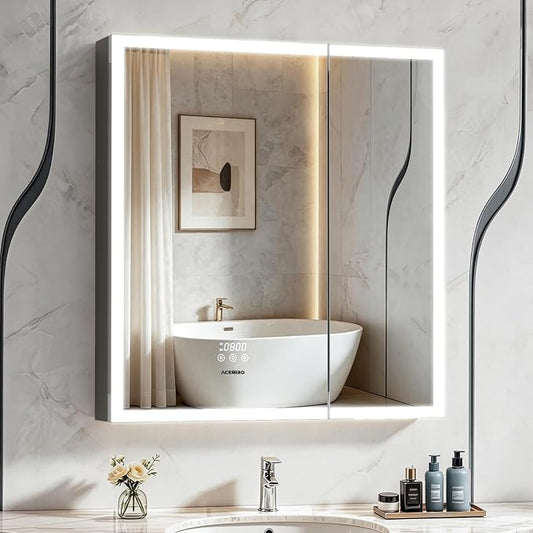 ACEMIRO 30"×32" Lighted Medicine Cabinet Mirror, Recessed Bathroom Mirror Cabinet with Lights, Defogger, Dimmer, Clock, Built-in Outlet & USB Ports, Wall-Mounted LED Bathroom Mirror, Double Door