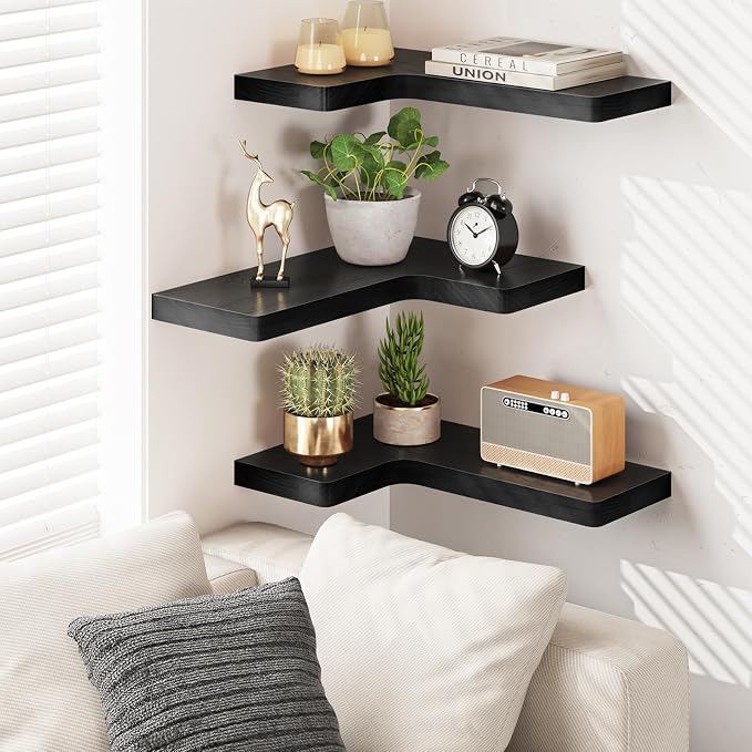 Fixwal Corner Floating Shelves for Wall Mounted Natural Solid Wood 16"x11.4" Farmhouse Home Decor Display Shelving Set of 3 (Black)