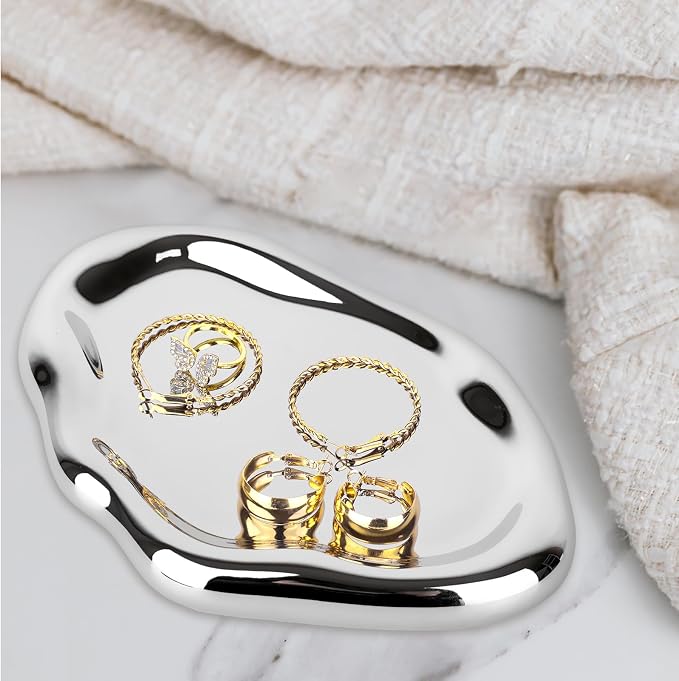 Silver Tray Decorative Vanity Tray Bathroom Tray Long Jewelry Dish | CHENDECOR Ceramic Silver Plate Holder Makeup Tray Home Organizers Irregular Storage Plate Bathroom Organizer