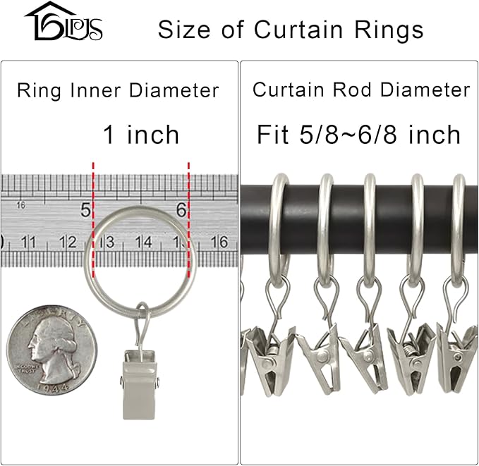 LLPJS 44 Pack Curtain Rings with Clips, Curtain Clip Rings Hooks, Bow Hanger Clips for Hanging Drapery Drapes Bows, Ring 1 inch Interior Diameter, Fits up to 5/8" Rod, Matte Silver