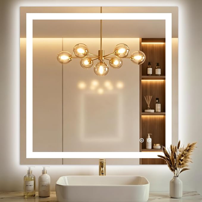 30x30 LED Bathroom Mirror with Lights, Lighted Vanity Mirror for Wall | Front and Backlit, Anti Fog, Dimmable 3 Color Lighting, Memory Function, Shatter Resistant Glass, Plug in or Hardwired