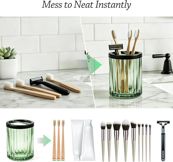 8oz Toothbrush Holders for Bathrooms, Green Striped Toothbrush Cup, Green | Bathroom Tumbler and Mouthwash Cup with Black Divider, Tooth Brush and Toothpaste Organizer for Countertop