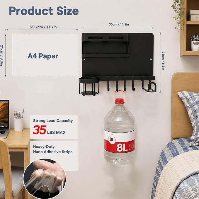 Metal Bedside Wall Shelf,【No Drill】 Wall Organizer for Dorm Teen Room Decor | Floating Bedside Shelf Wall Mount Nightstand for Bedroom, Loft Bed, Bunk Bed, Small Room Stuff, Teen Girl, RV Shelves, Dorm