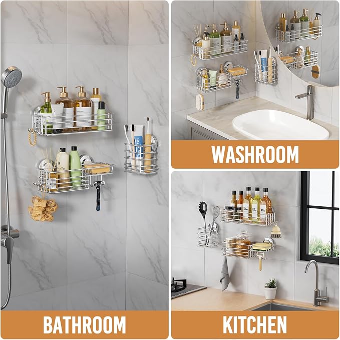 Shower Caddy Suction Cup, 3 Pack Bathroom Organizer with Hooks | Silver Bathroom Holder, Heavy Duty Shower Caddies, Soap Holder, Removable Shower Basket