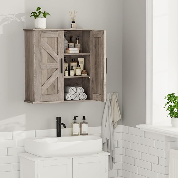 Homleke Bathroom Wall Cabinet, Medicine Cabinet with Adjustable Shelves | 3-Tier Wall Mounted Over Toilet Storage with Barn Doors, for Bathroom, Kitchen, Entryway, Laundry Room, Greige, (7.9" D)