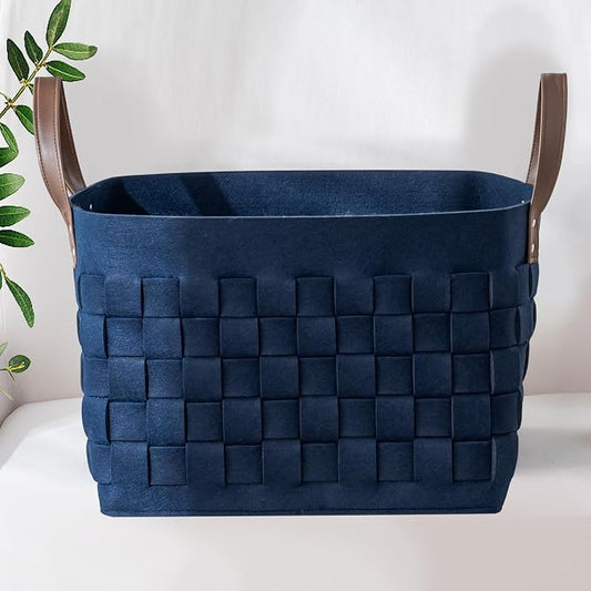 Blankets Basket 16.5 " x13 x13 , Extra Large Rectangular Laundry Hamper with Leather Handle, Soft Dog Toy Basket for Storage-Navy Blue