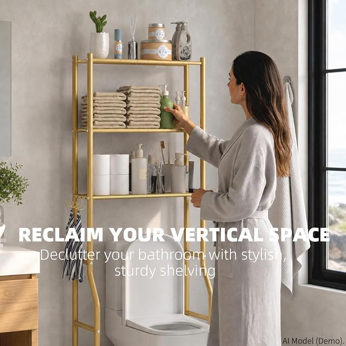 GloTika 3-Tier Over Toilet Storage, Anti-Tilt, 64" H, Gold | Anti-Tilt Safety System, 150lb Capacity, Carbon Steel, Freestanding, No Drilling, Anti-Rust Coating, Paper Holder & 4 Hooks