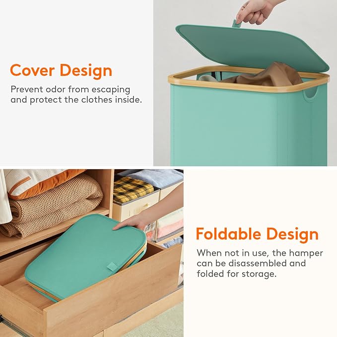 Lifewit 80L Laundry Basket with Lid, Clothes Hampers for Laundry with Bamboo Handles and 1 Removable Bag, Large Foldable Laundry Hamper for Bedroom, Bathroom, Dorm, Laundry Room, Sage Green