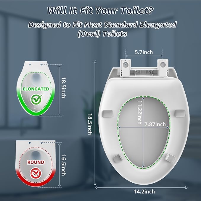 Huttdmel Raised Elongated Toilet Seat 18.5'' for Seniors – Soft Close, Quick Release & Connect, Sturdy PP Material, Won’t Loosen, Ideal for Elderly & Limited Mobility, White