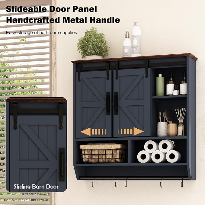 RUSTOWN Farmhouse Bathroom Wall Storage Cabinet with Sliding Barn Doors | 3-Tier, Rustic Wood Wall Mounted Cabinets, Vintage Medicine Cabinet, Adjustable Shelves, Over The Toilet Storage Cabinet
