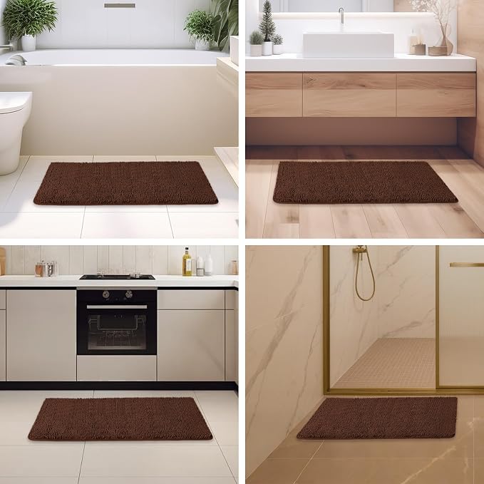Brown Bathroom Rugs – Absorbent and Washable Bath Mat, Non-Slip, Thick Soft Chenille Bath Rugs for Bathroom Floor, Shower, Sink - 24" x 36"