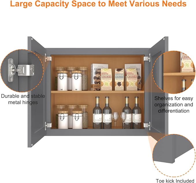 ROOMTEC Wood Wall-Mounted Cabinet,Bathroom Medicine Cabinet with Adjustable Shelf and 2 Soft-Close Doors,Laundry Storage Cabinet for Bathroom,Kitchen,Living Room 12" D*30" W*24" H,Shaker Grey