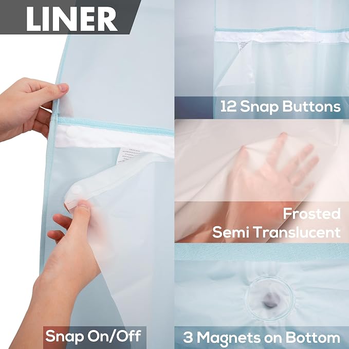 River Dream Extra Long No Hook Slub Textured Shower Curtain with Snap-in PEVA Liner Set - 71" x 86"(84"), Hotel Style with See Through Top Window, Blue Fabric Curtain & Waterproof Liner, Blue, 71x86 | 71W x 86H, Snap on/off Waterproof PEVA Liner, See T...