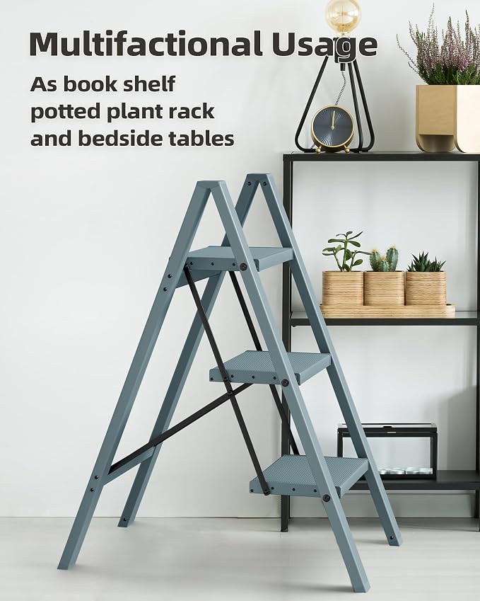 HillhutApex 3 Step Stool Foldable Ladder,Aluminum Step Ladder | Folding Lightweight Stable Stool with Wide Non-Slip Pedals, 330lbs Bearing Capacity Ladder for Office,Home,Kitchen-Light Blue