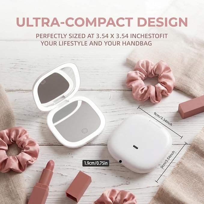 Compact Mirror, 5X Magnifying Mirror with 3Lighting Modes and Adjustable Brightness,Portable Makeup Mirror with Type-C Rechargeable | 3.6-Inch Pocket Mirror Fits in A Handbag Gift for Girls