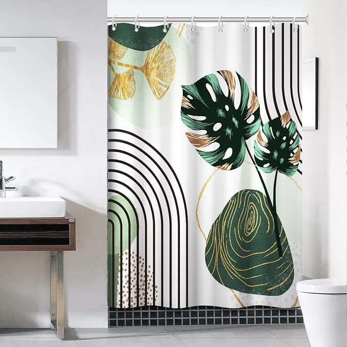 Boho Green Shower Curtain with Hooks for Bathroom 6072 Inch | Waterproof Abstract Green and Gold Leaves Shower Curtain Set, Mid Century Bathroom Decor