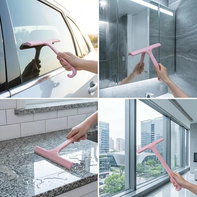 Silicone Shower Squeegee - All-in-One Design with Built-in Hook, 10 Inch Streak-Free Bathroom and car Cleaner for Glass Doors, Mirrors, Windows, Tiles Pink