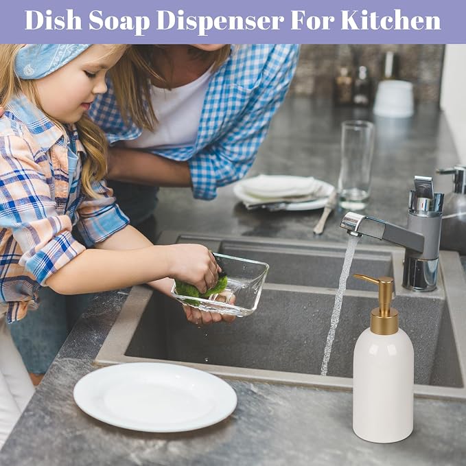 Natheeph 14OZ Ceramic Soap Dispenser Bathroom/Kitchen Can Fill Liquid-White | Ceramic Soap Pump Dispenser Bottle for Bathroom/Kitchen, Refillable Hand Soap, Dish Soap, Shampoo, Lotion etc.