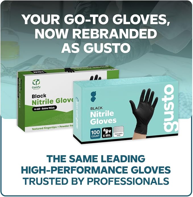 GUSTO Black Nitrile Gloves - Disposable Heavy Duty 6 Mil | Latex-Free, Powder-Free, Textured Fingertips, Food Safe, Flexible Fit, Cooking, Cleaning, Mechanics & Salon
