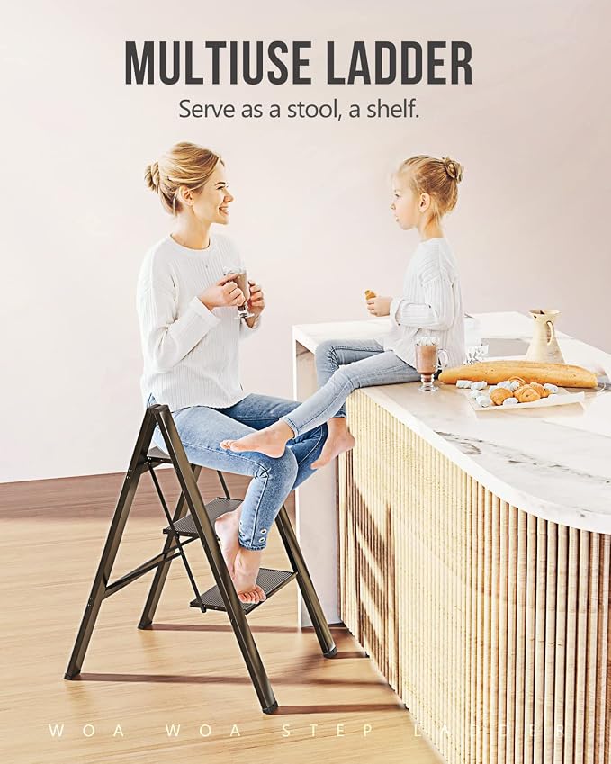 3 Step Foldable Step Stool, 300lbs Load, Black | Folded 35''H x 2''T; Net 7.99 lbs; Non-Slip Feet: Wood/Tile/Carpet; Rigid Aluminum Steps; No Assembly; Ready From Box.