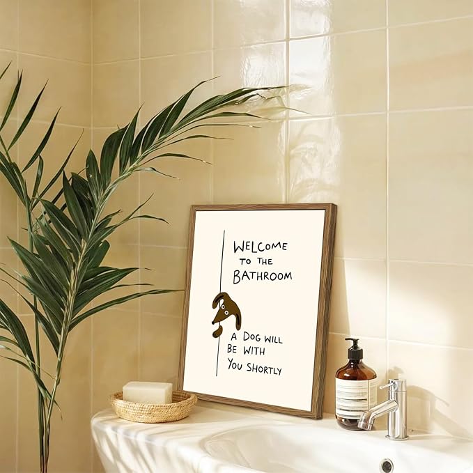 Welcome to the Bathroom Wall Art Funny Dog Bathroom Sign Wall Decor Picture Cute Animal Restroom Quote Poster Canvas Painting Prints 24x16 inch Wood Framed
