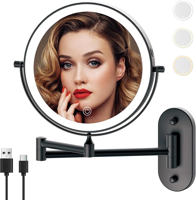 8" Wall Mounted Lighted Makeup Mirror,Oval Base, 10X, Matte Black | Rechargeable Lighted Makeup Vanity Mirror,Double Sided Dimmable,Magnifying,3 Color Lighting,360 Rotation Shaving,Women Gift