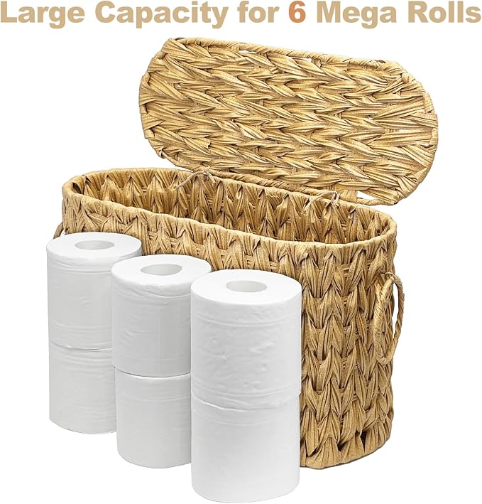 Toilet Paper Storage Basket with Lid, Narrow Bathroom Organizer for 6 Mega Rolls, Waterproof Wicker Look Plastic Basket with Handles, Toilet Tank Top Holder, Farmhouse Bathroom Storage Bin (Linen)