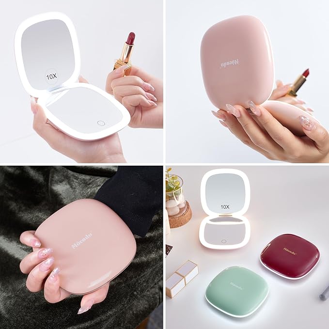 Mocado Compact Mirror with Light-4 Inches Compact 1x/10x Magnifying Mirror | Double Sides Lighted, 3 Colors Lighting, 0-100% Brightness, Diammable Touch, 1200mAh Rechargeable, For Pocket, Purse