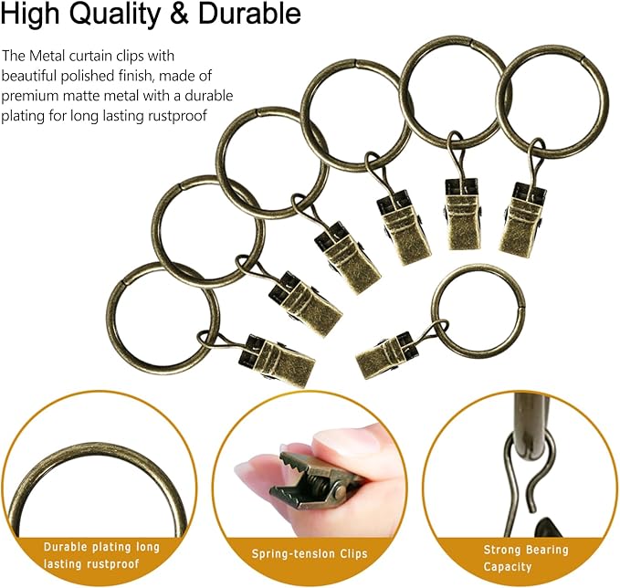 Lansian 100 Pack Curtain Rings with Clips Hooks 1.5 in Diameter Rustproof | Metal Stainless Steel Drapery Rings for Tension Rod Bracket Eyelets Decorative Hanger, Fits 1.38 in Rods, Antique Brass