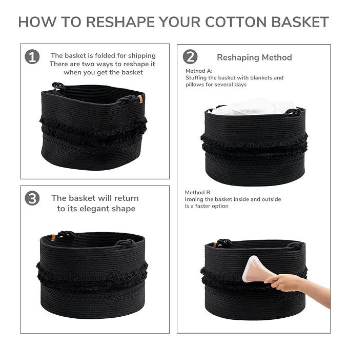 90L Large Woven Rope Blanket Basket with Tassel, 22" x 14", Black | Boho Basket for Toys, Clothes & Pillows Storage, Fits Bedroom Living Room Home Décor, Laundry Hamper with Knotted Handles