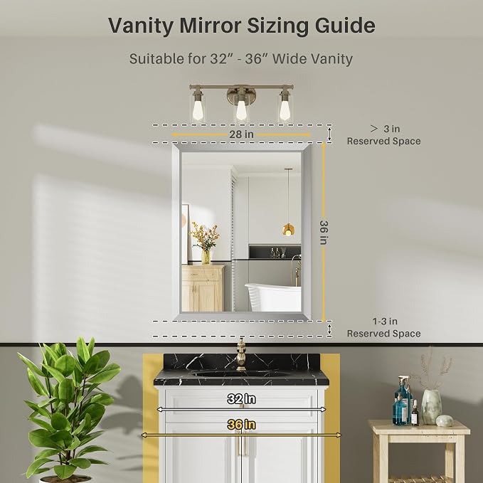28x36 Inch Brushed Silver Bathroom Mirror for Wall, Thick Metal Framed Rectangle Mirrors for Over Sink, Bedroom, Living Room, Entryway, Anti-Rust, HD Tempered Glass