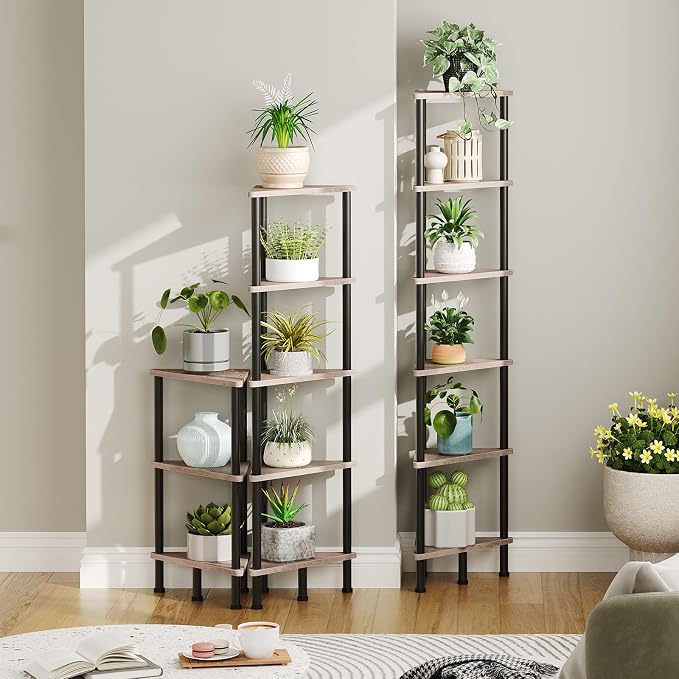 HOOBRO Corner Shelf Stand, Industrial 6-Tier Corner Bookshelf with Metal Frame, Plant Display Shelf, Bookcase for Small Spaces, Living Room, Greige and Black BG36CJ01