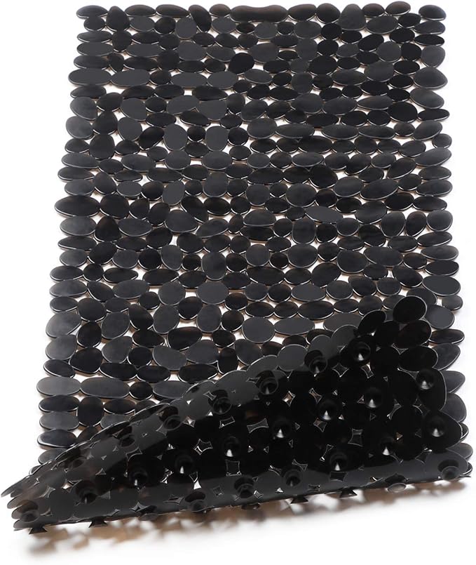 WELTRXE Non Slip Bathtub Mat 35 x 16 Inches Pebbles Shower Mats with Suction Cups, Drain Holes for Bathroom Showers, Tub, Machine Washable Bathroom Mats BPA, Latex Free Safe Tub Mats - Black