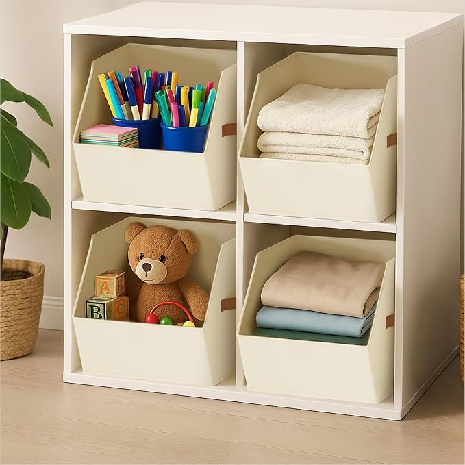 Large Closet Storage Cubes - Closet Storage Bins with Dual Handles for Clothes, Towels, Toys, Shelf Organizer Bins for Bedroom, Nursery, Shelves, Small Spaces, Beige, 3 Pack