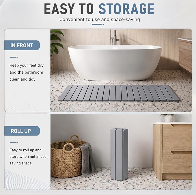 2 Pack Extra Large Foldable Stone Bath Mats Set, 47"x15.4" and 23.6"x15.4" Diatomaceous Earth Bath Mat with Non Slip Rubber Base Quick Dry Bathroom Shower Mat Light Grey for Bathroom