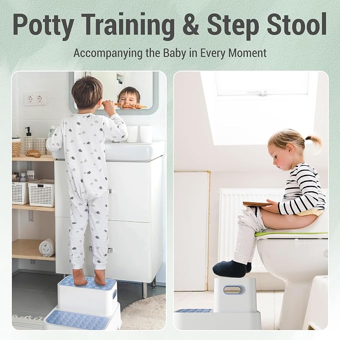 2 Step Stools for Kids,Toddler Step Stool for Bathroom Sink,No-Slip Double up Stepping for Toddlers, Multifunctional Toilet Potty Stool for Kids,Toilet Potty Training(2 Packs)（Blue）