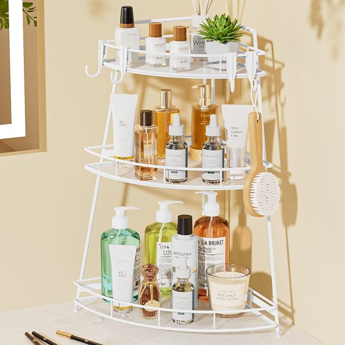 VITVITI 3 Tier Bathroom Counter Organizer Corner Vanity Shelf Storage White | Metal Mesh Bathroom Countertop Organizer, Bath Room Sink Makeup Organizers for Skincare Perfume Lipstick, with Hooks