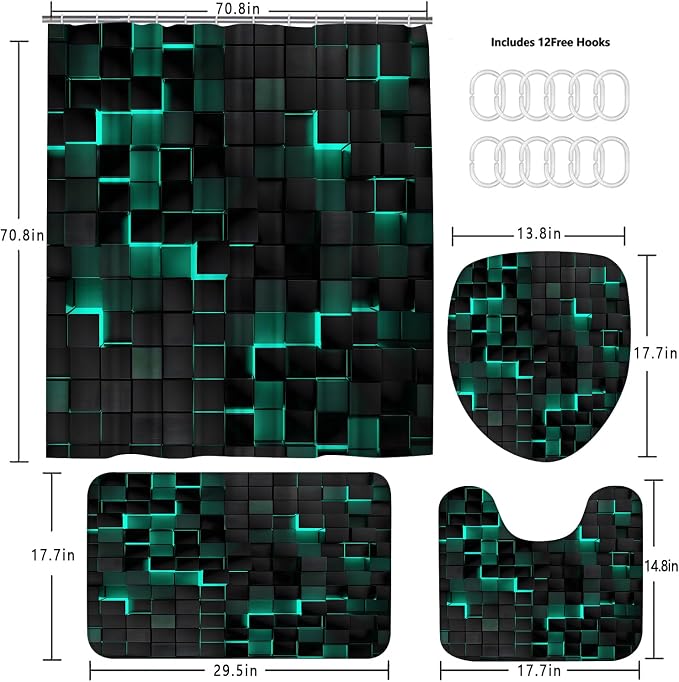 LQCOOL 4Pcs Green Shower Curtain Set 3D Cubes Bathroom Sets Modern Shower Curtain Set for Bathroom Sets with Rugs Black and Green Shower Curtain with 12 Hooks