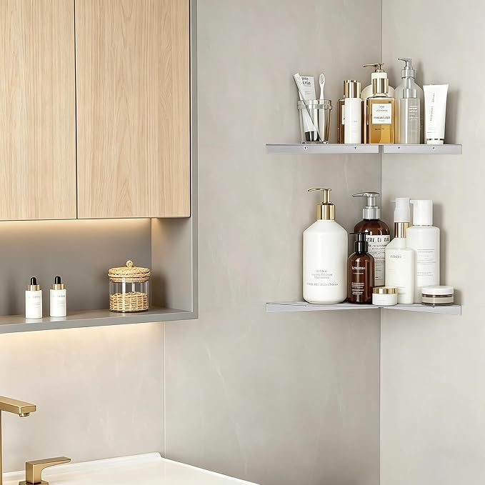 soaez Brushed Nickel Corner Shower Shelf, SUS304 Stainless Steel Bathroom Shower Shelves Prevent Rust Drilling Installation (8", 2Pack)