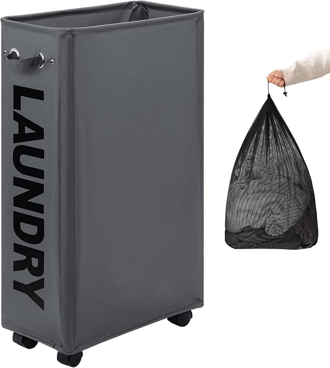 DOKEHOM 29" Enlarged Slim Rolling Laundry Basket Hamper on Wheels, Grey | Collapsible tall laundry hamper with removable mesh wash bag. Foldable narrow corner clothes storage bin for small spaces