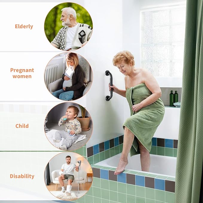 ZUEXT 12 Inch Black Bathroom Shower Grab Bar with Anti Slip Rubber Grip | Stainless Steel, Bathroom Balance Bar, Wall Mount Safety Handrail Support, Handicap Injury Elderly Senior Assist Handle