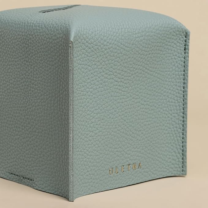 OLETHA Square Tissue Box Cover, Aesthetic Desk Decor, Sky Blue, 2 Pack | Faux leather tissue box holder for room, home, office; fits Kleenex & Puffs cube boxes; velcro base; easy swap; wipes clean