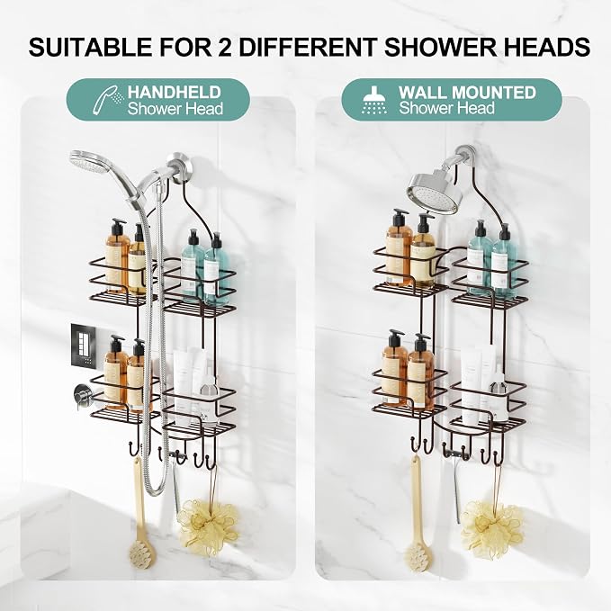 SRIWATANA Shower Caddy Hanging, Shower Organizer with Razor Hooks, Bronze | Rustproof Shower Rack, No Drilling Shelves Over Shower Head, Anti-Swing Scution Install, Bathroom Holder for Sponge Loofah